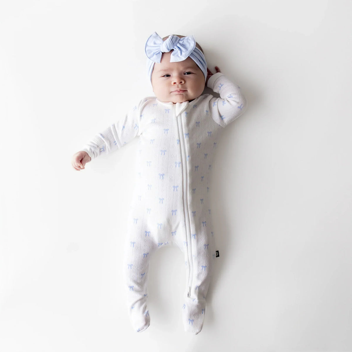 Pointelle Zippered Footie in Sweet Blue Bow Main image
