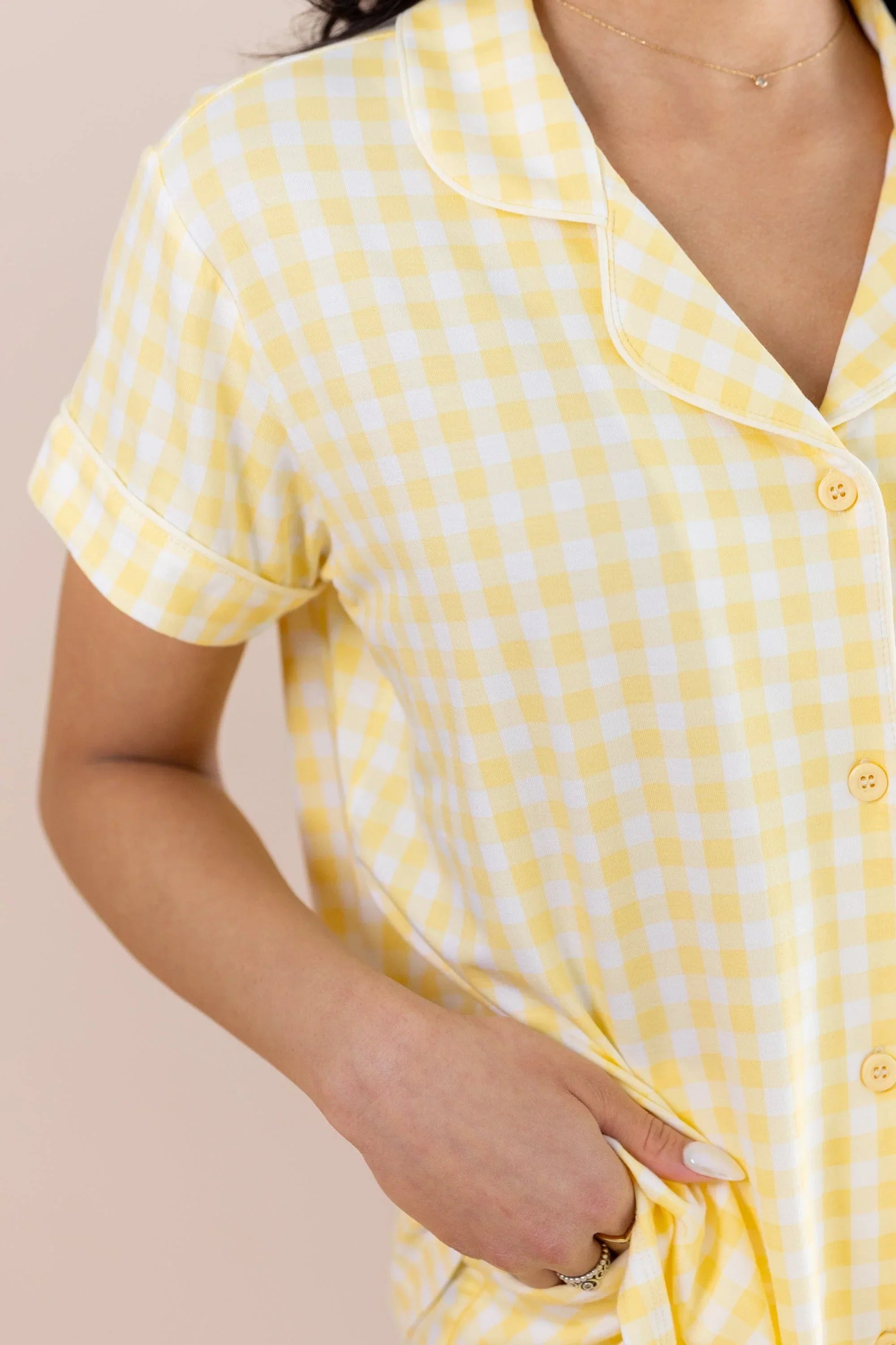 Women's Short Sleeve Cropped Pajama Set in Gingham Chamomile Secondary image