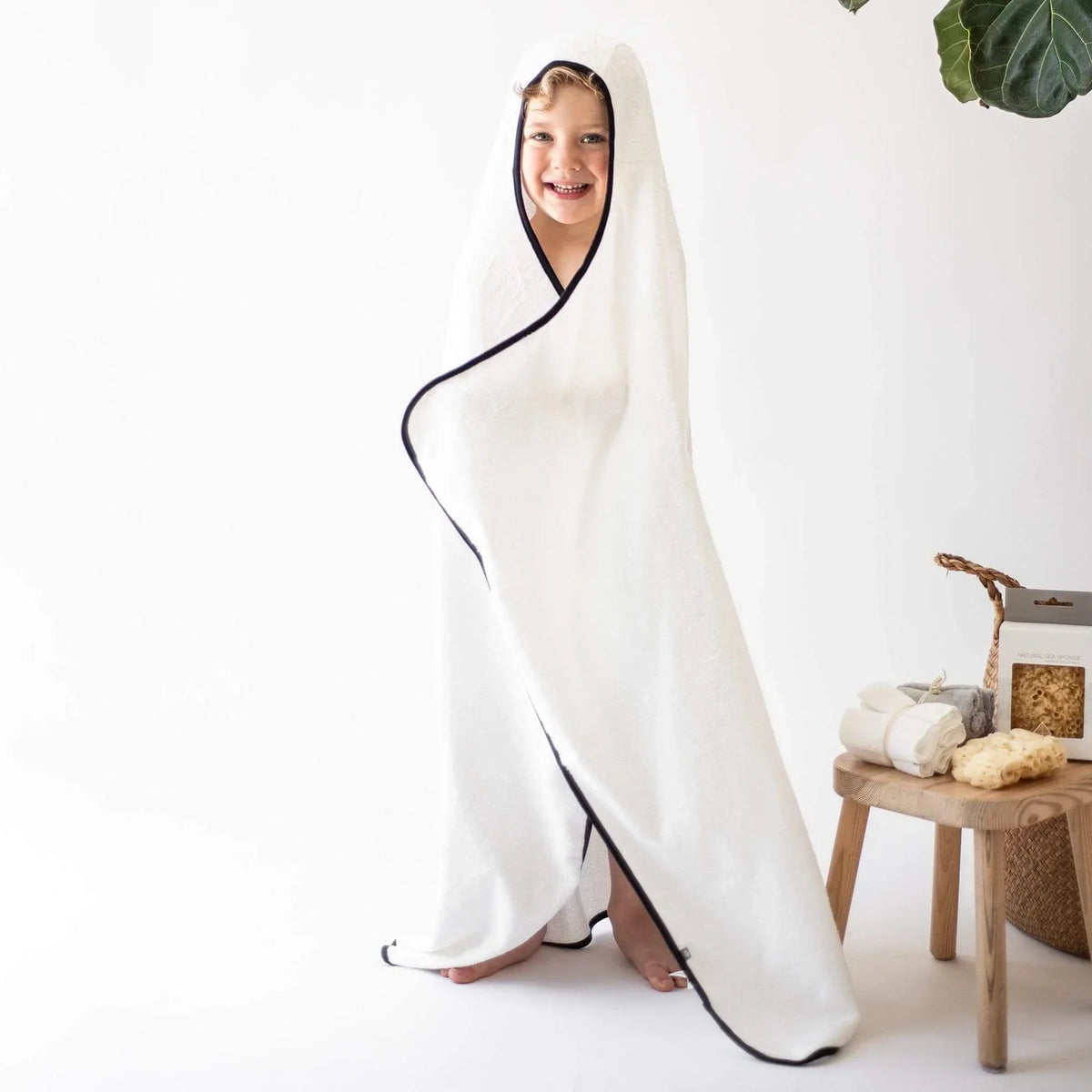 Toddler Hooded Bath Towel in Cloud with Midnight Trim Main image