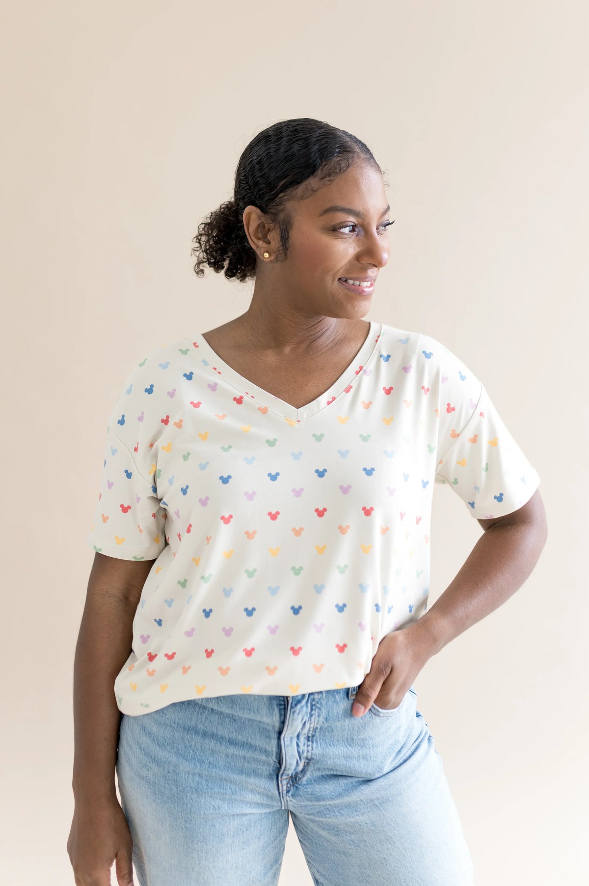 Women's Relaxed Fit V-Neck in Pastel Mickey Mouse Main image
