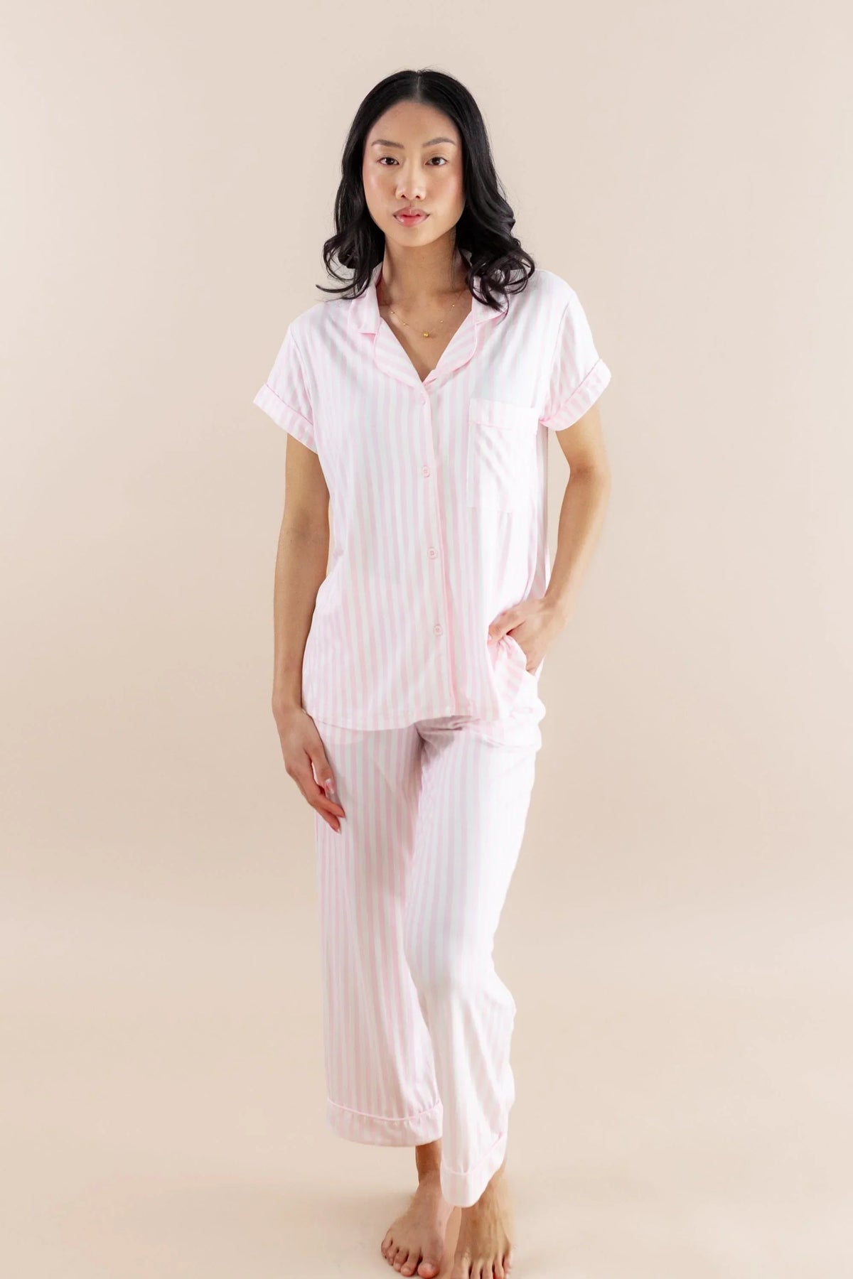 Women's Short Sleeve Cropped Pajama Set in Small Sakura Stripe Main image