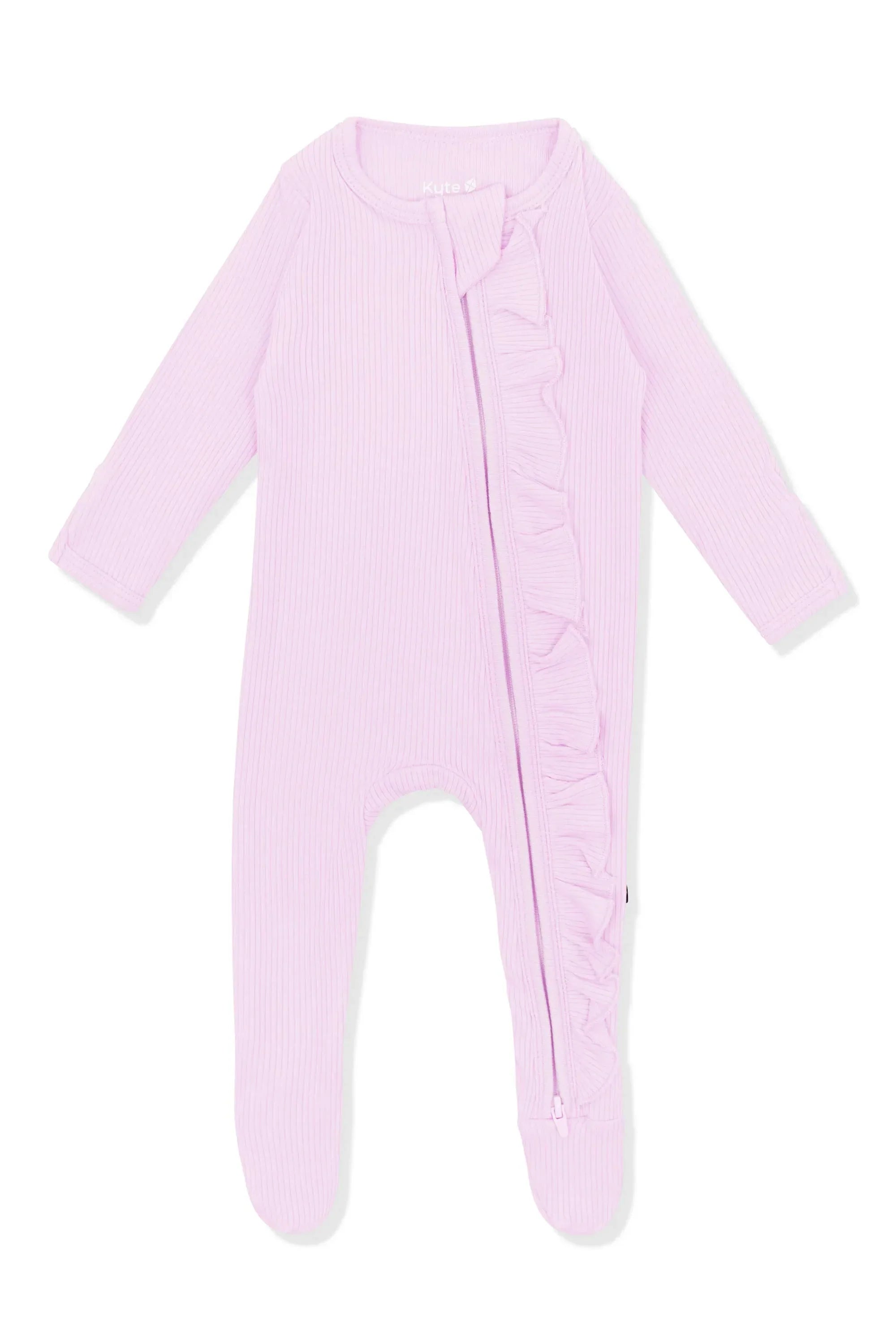 Ribbed Ruffle Zipper Footie in Thistle Secondary image