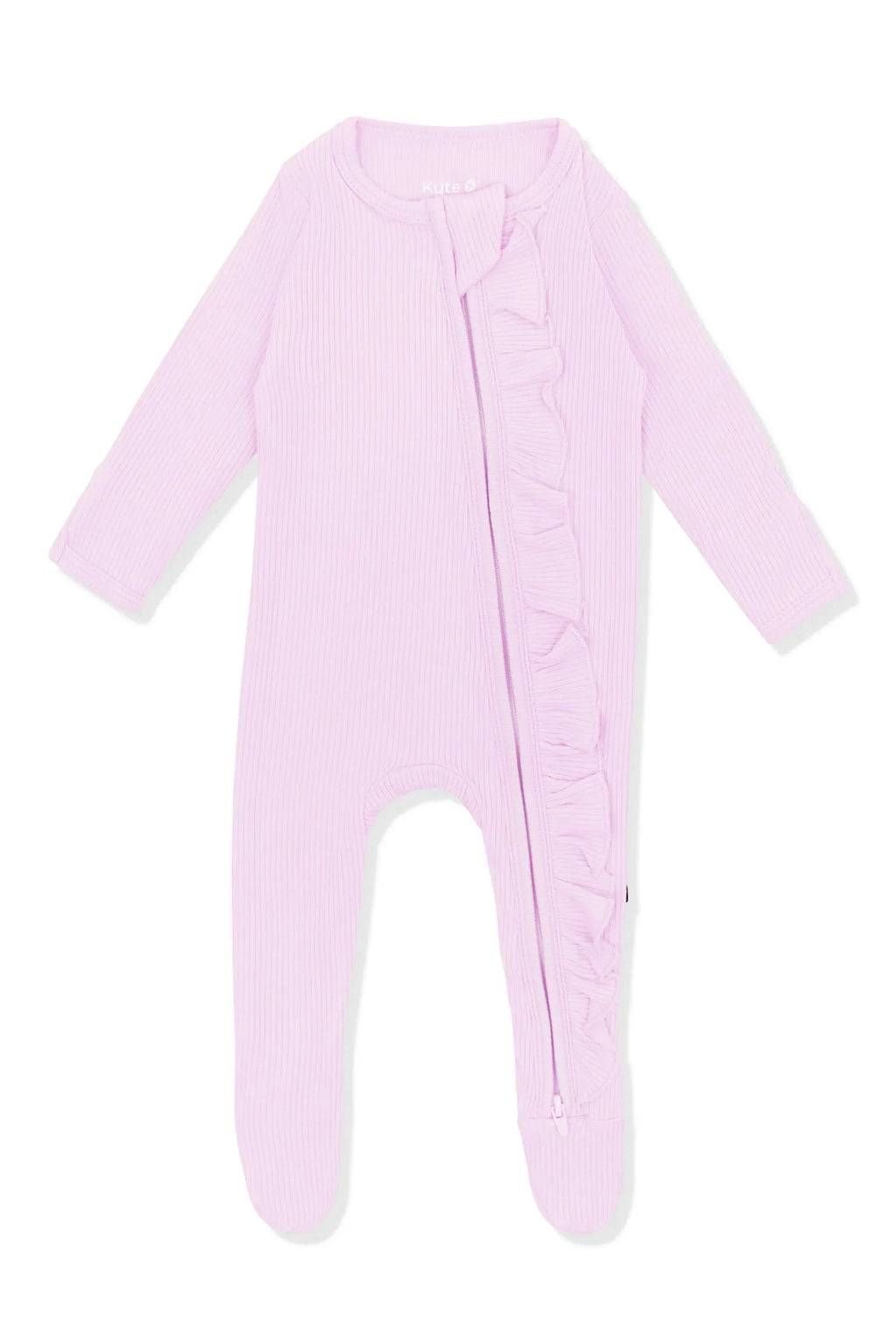 Ribbed Ruffle Zipper Footie in Thistle