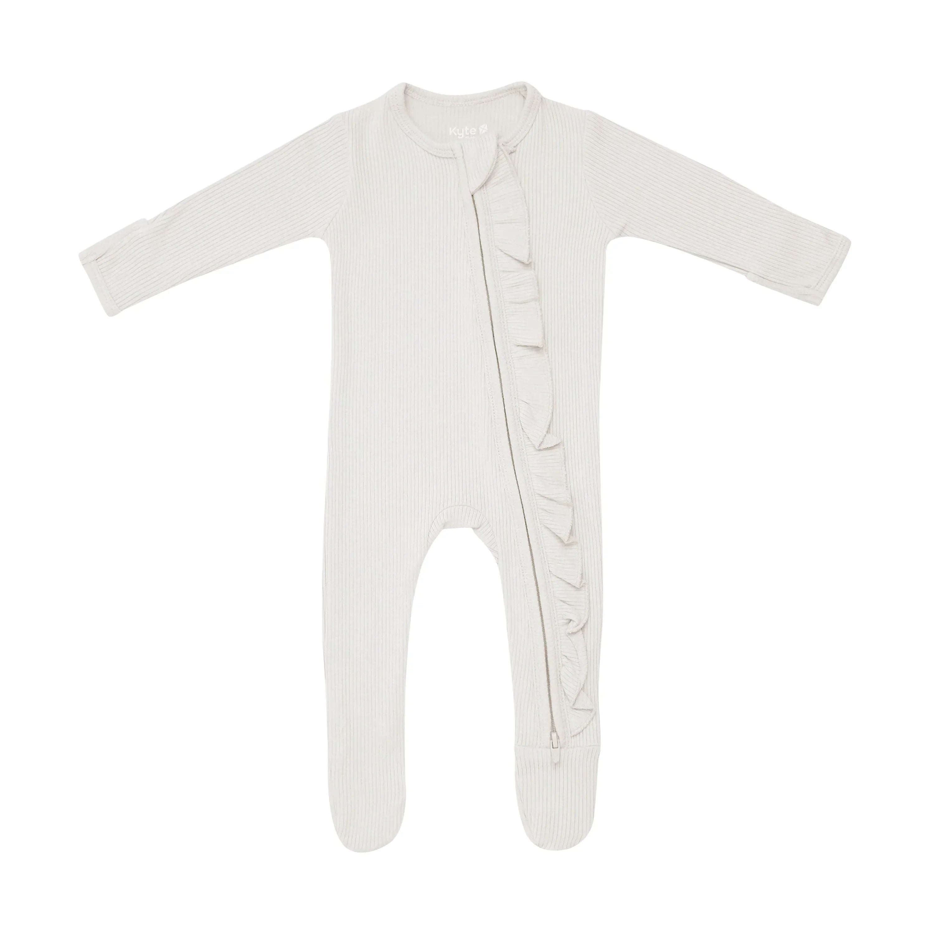 Ribbed Ruffle Zipper Footie in Oat Secondary image