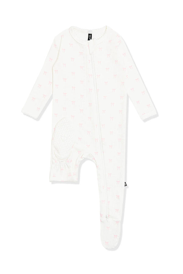 Pointelle Zippered Footie in Sweet Pink Bow