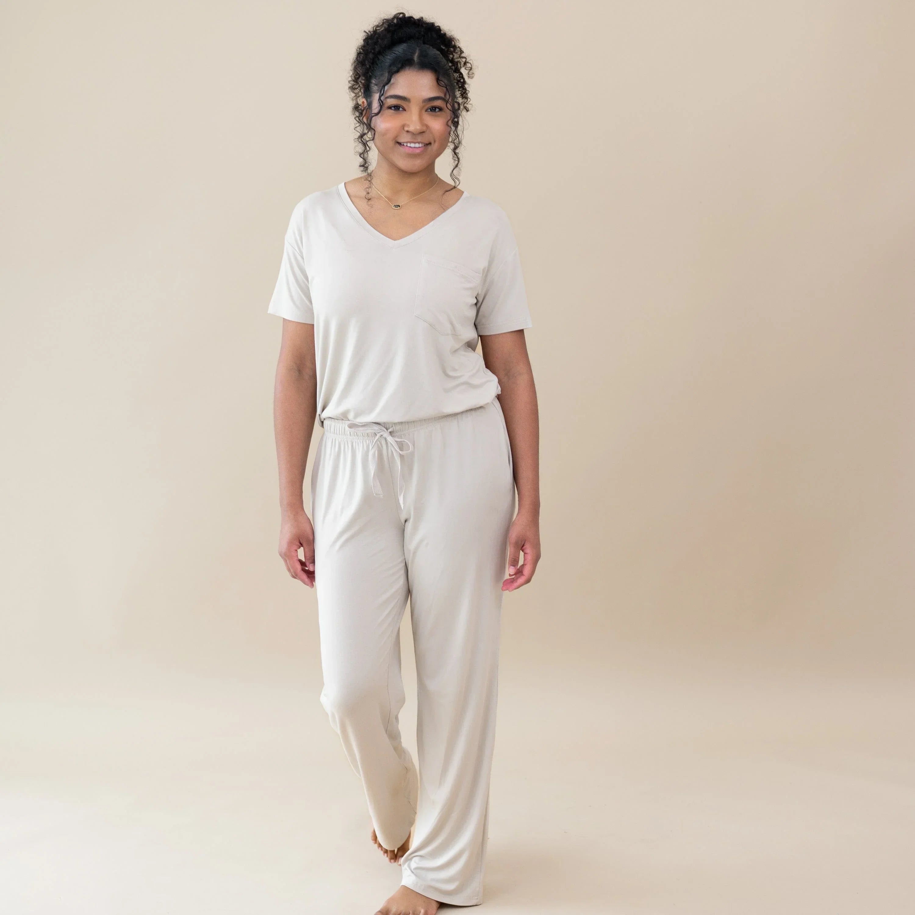 Women’s Relaxed Fit V-Neck in Oat Secondary image