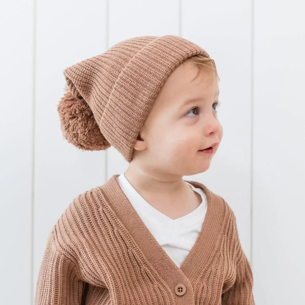 Chunky Knit Pom Beanie in Latte Main image