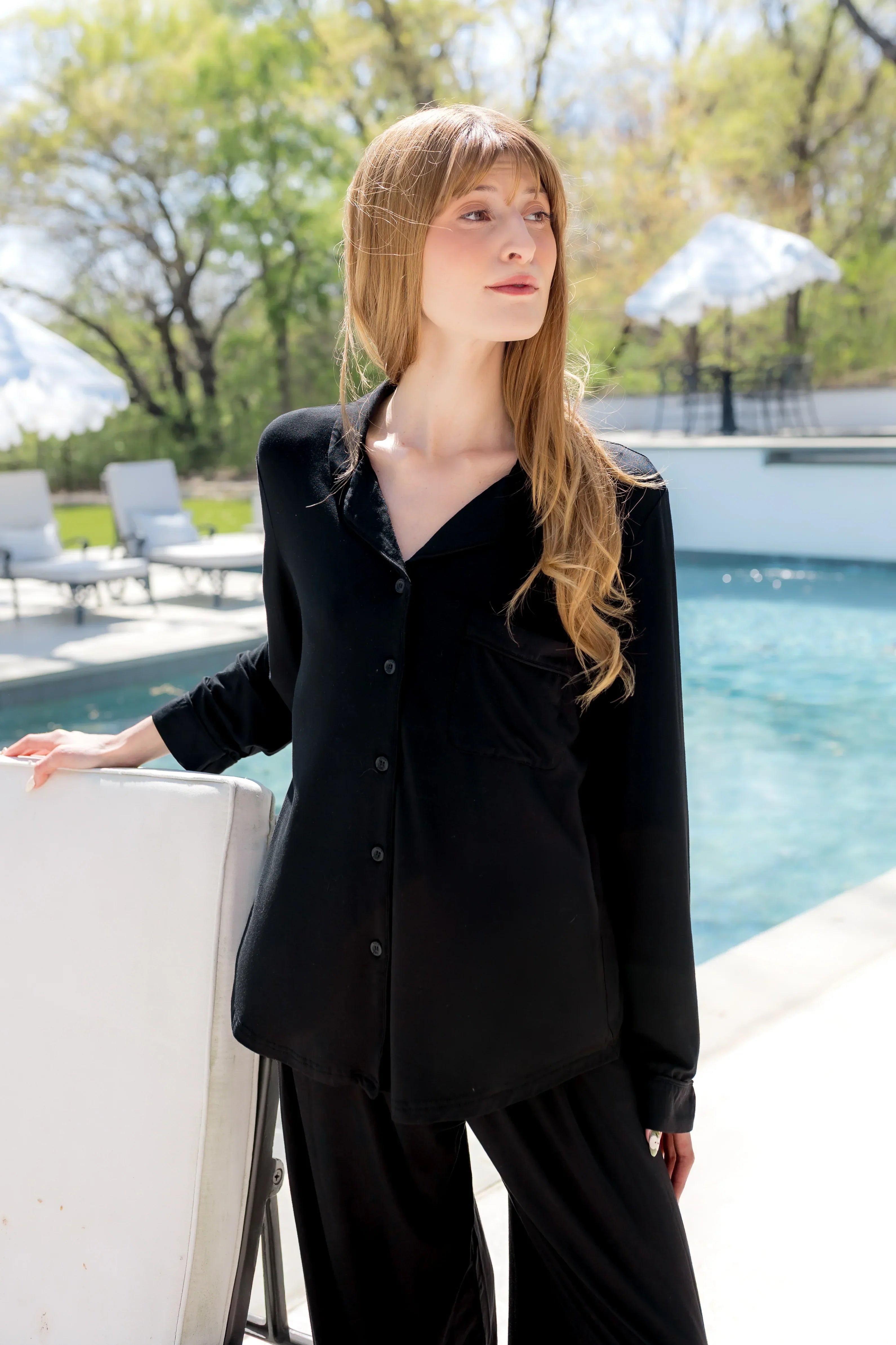 Long-Sleeved Women's Pajama Set in Midnight with Midnight Trim Secondary image