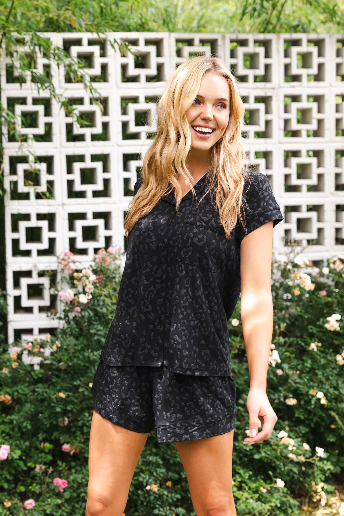 Women’s Short Sleeve Pajama Set in Midnight Leopard Main image