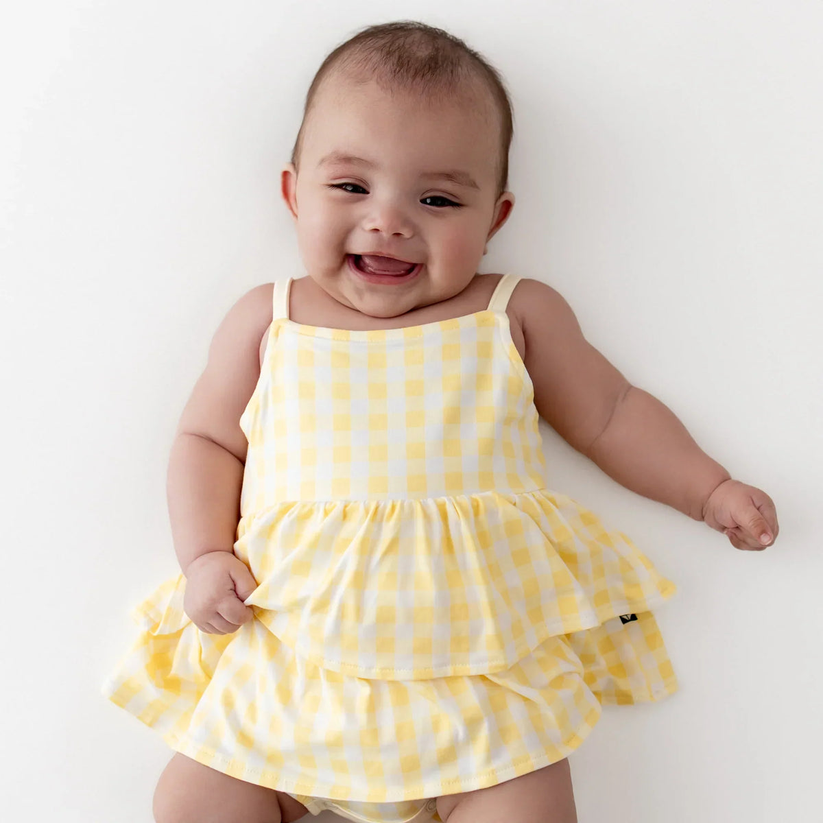 Spaghetti Strap Ruffle Romper in Gingham Chamomile Main image