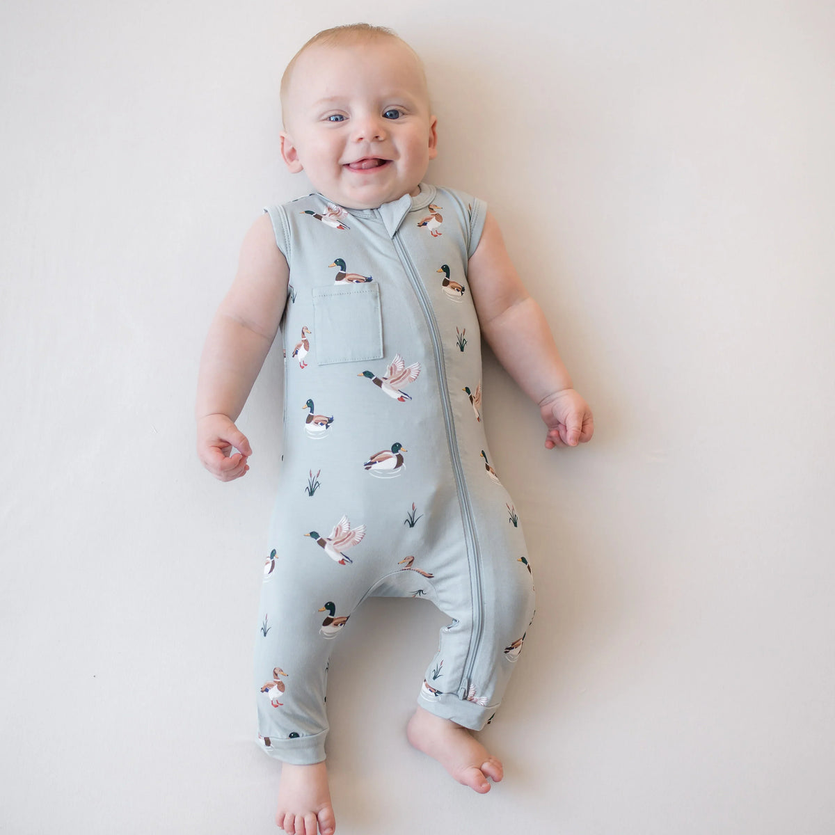 Zippered Sleeveless Romper in Mallard Duck Main image