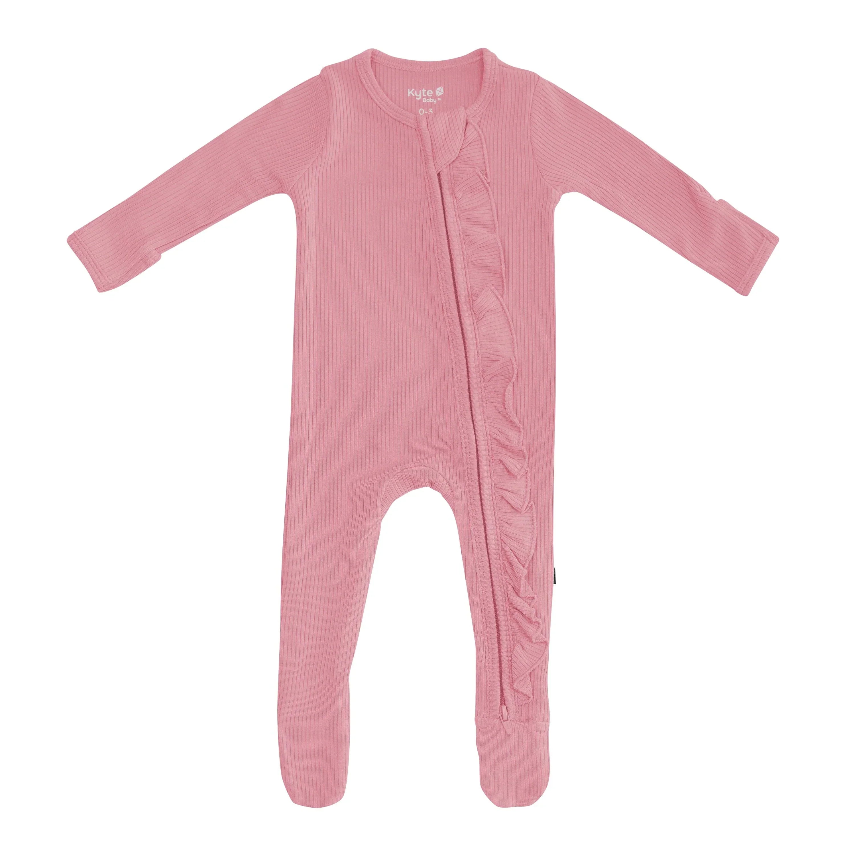 Ribbed Ruffle Zipper Footie in Apple Blossom Secondary image
