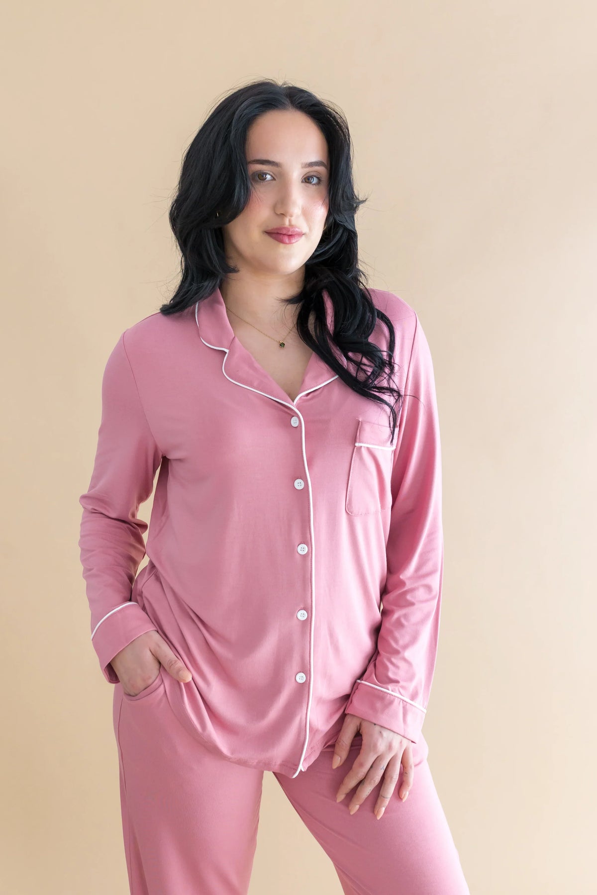 Long-Sleeved Women's Pajama Set in Apple Blossom with Cloud Trim Main image