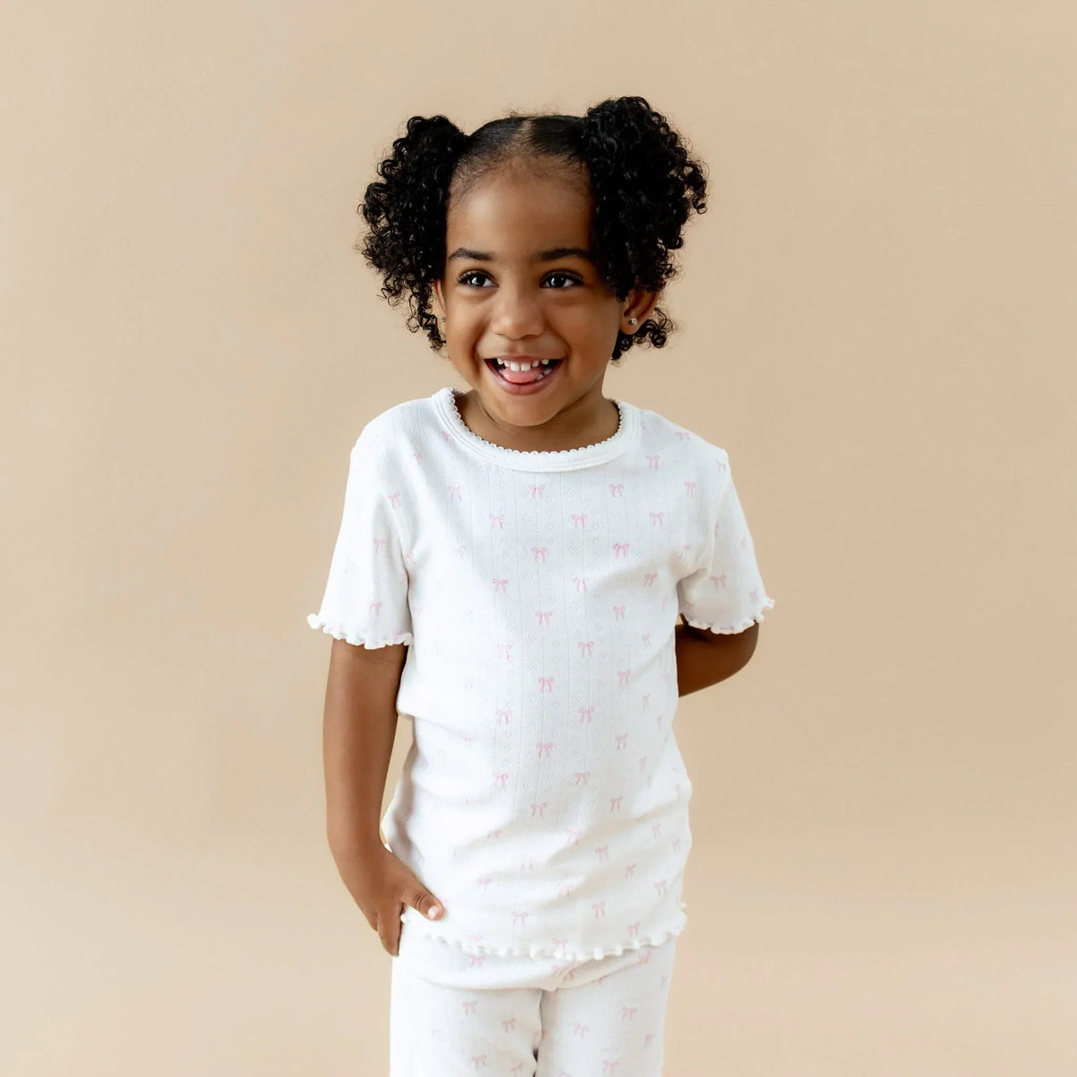 Pointelle Short Sleeve Set in Sweet Pink Bow Main image