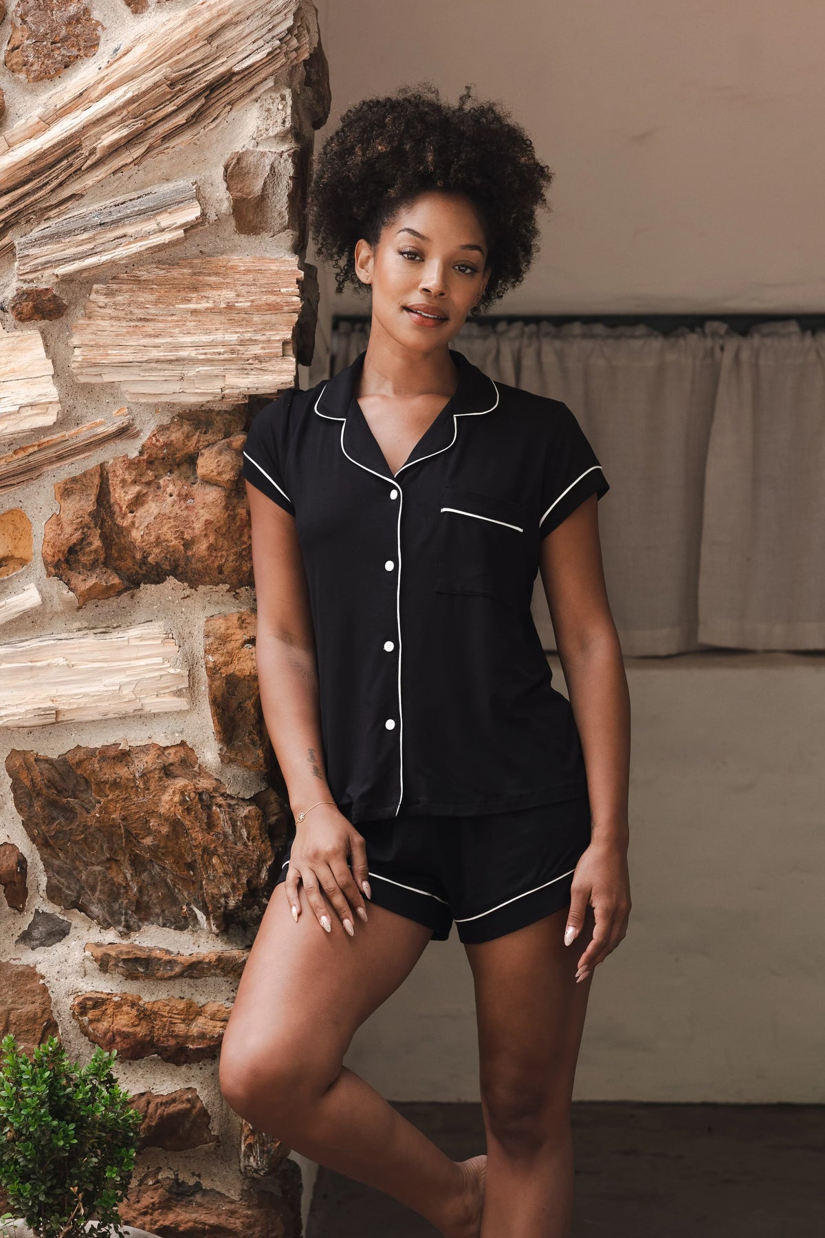 Women’s Short Sleeve Pajama Set in Midnight with Cloud Trim Main image