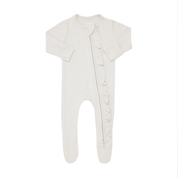 Ribbed Ruffle Zipper Footie in Oat
