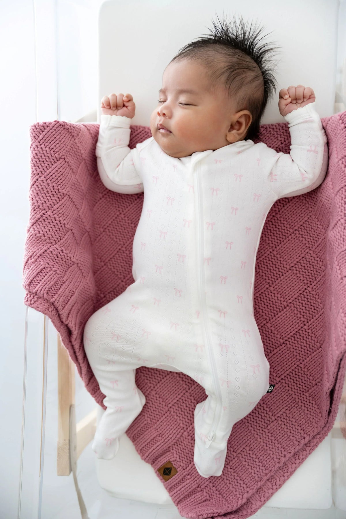 Pointelle Zippered Footie in Sweet Pink Bow Main image