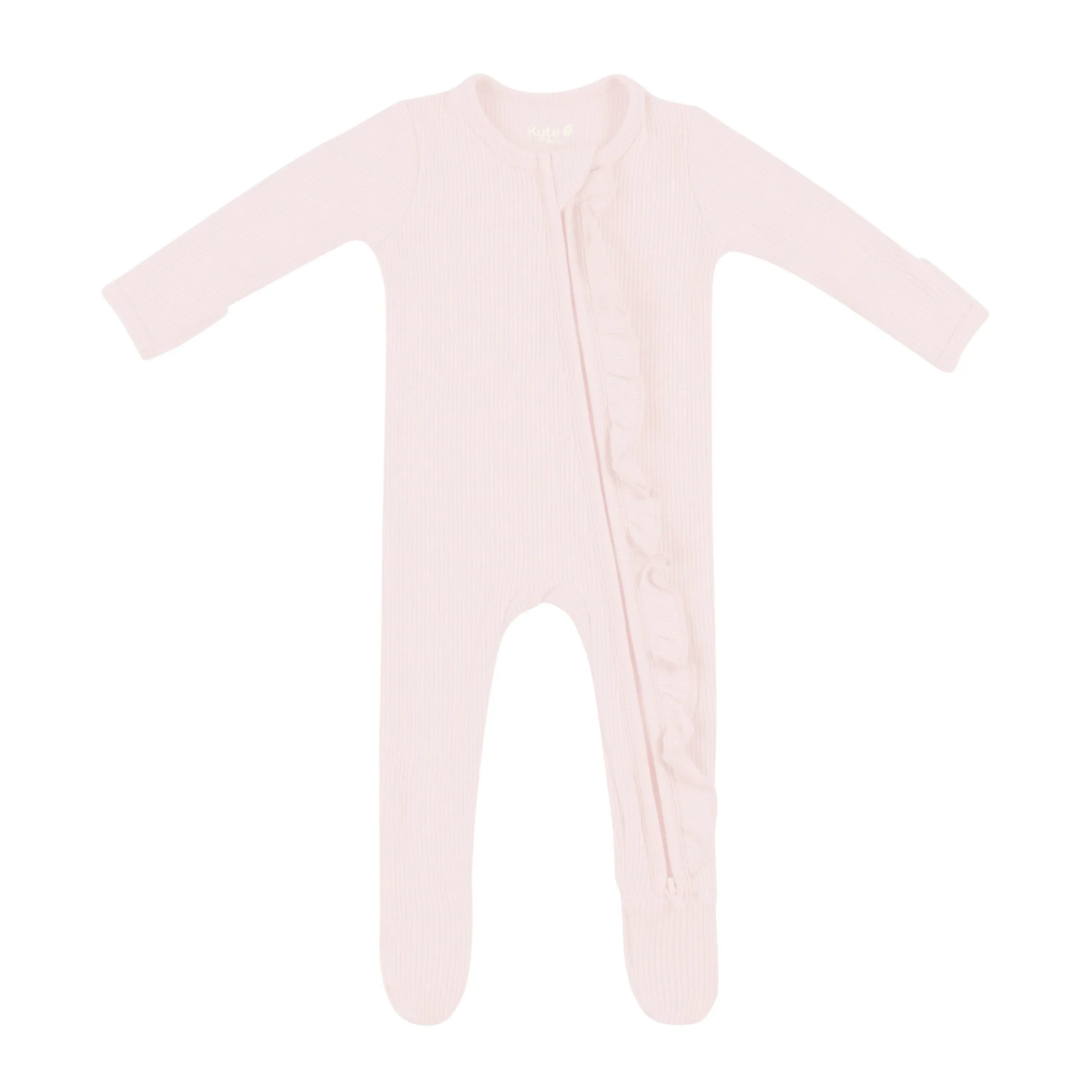 Ribbed Ruffle Zipper Footie in Blush Secondary image